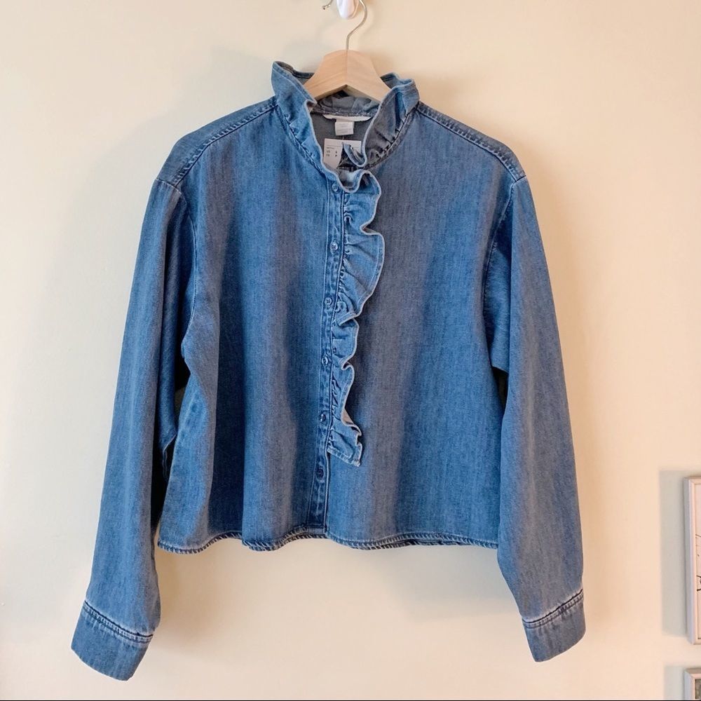 H&M Denim Ruffle Button Up Blouse - Picture 2 of 8